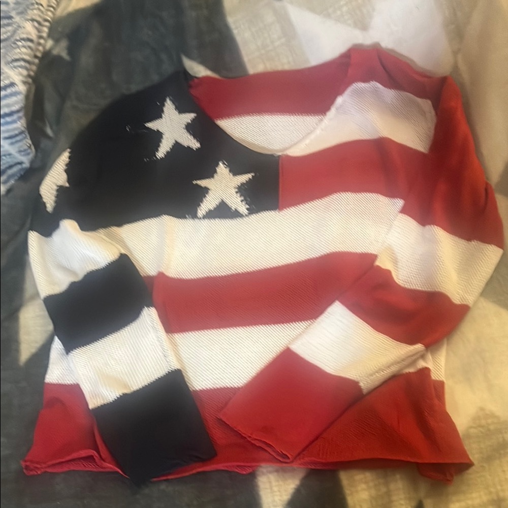 Red and White Crew Neck Sweater with Patriotic Design